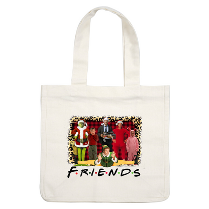 A festive holiday-themed graphic featuring characters in playful costumes, set against a vibrant plaid background with "FRIENDS" text.DTF Transfers heat press transfers dtf transfers