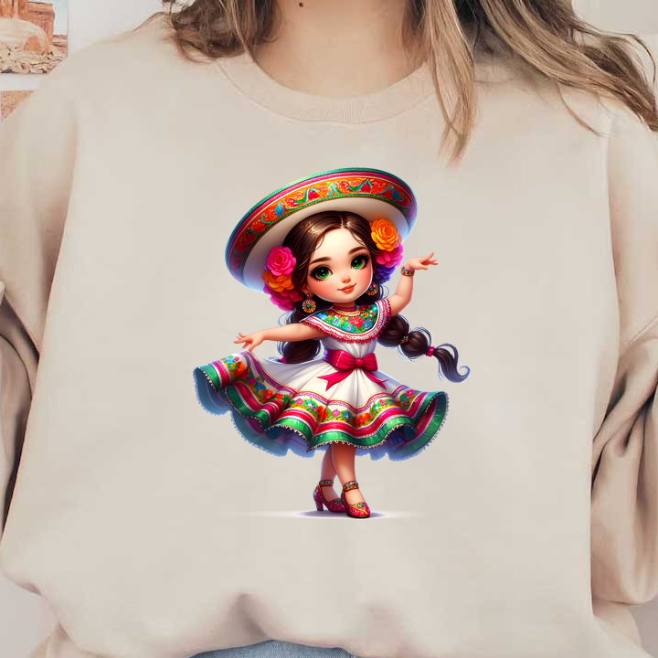 This charming doll features a traditional Mexican dress with colorful floral designs, complemented by a wide-brimmed hat and vibrant accessories.