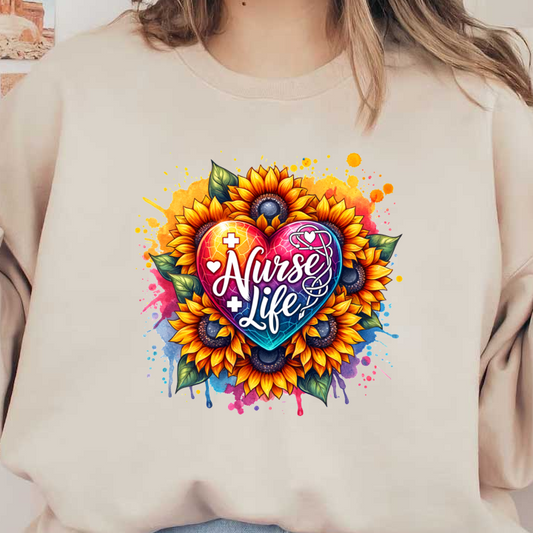 Vibrant floral design featuring a heart with "Nurse Life" text, symbolizing dedication to nursing with colorful sunflowers and medical elements.DTF Transfers