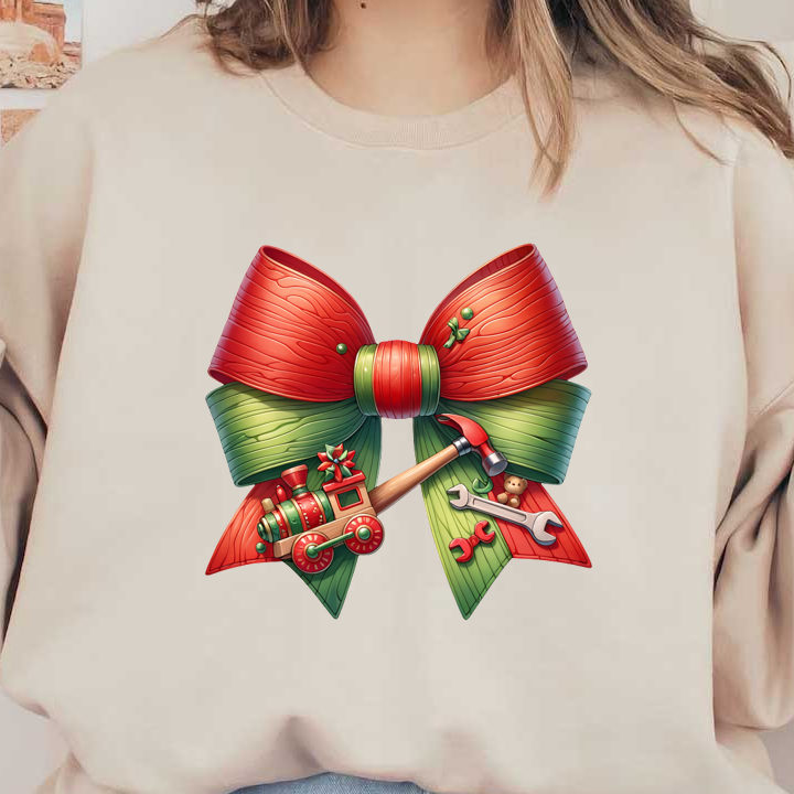 A festive bow featuring red and green ribbons, adorned with a toy train, hammer, and wrenches for a playful touch. heat press transfers