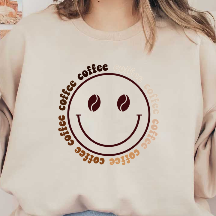 Un alegre diseño con temática de café que presenta una cara sonriente con granos de café como ojos, rodeada por la palabra "café".