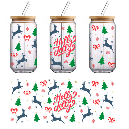 A festive pattern featuring reindeer, Christmas trees, and colorful ornaments, complemented by the cheerful text "Holly Jolly."UV Transfersdtf regular iron