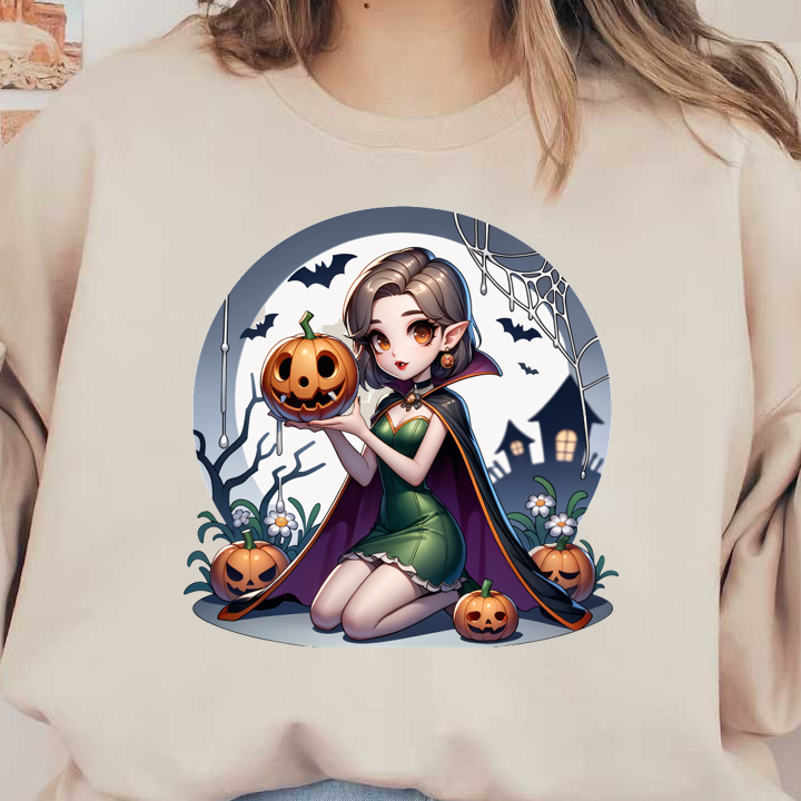 Una caprichosa chica vampiro con orejas puntiagudas sostiene una calabaza tallada, rodeada de decoraciones espeluznantes y un ambiente de Halloween.