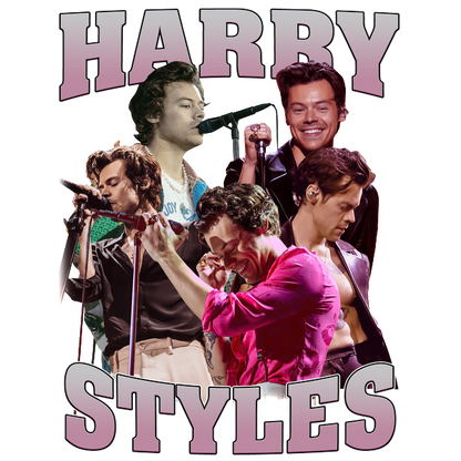 A vibrant collage of Harry Styles showcasing his dynamic performances, featuring multiple poses and a bold, colorful “Harry Styles” text.DTF Transfers dtf prints