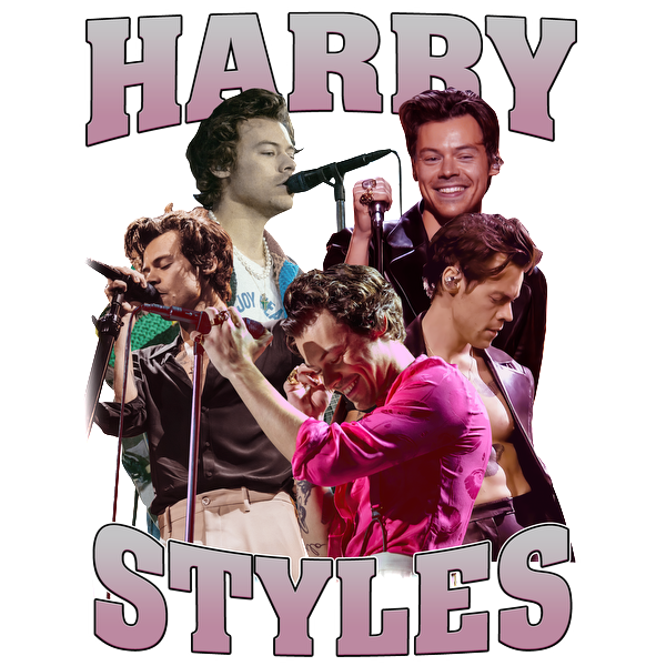 A vibrant collage featuring multiple performances of a charismatic male singer, highlighted with the bold text "HARRY STYLES."DTF Transfers dtf transfers