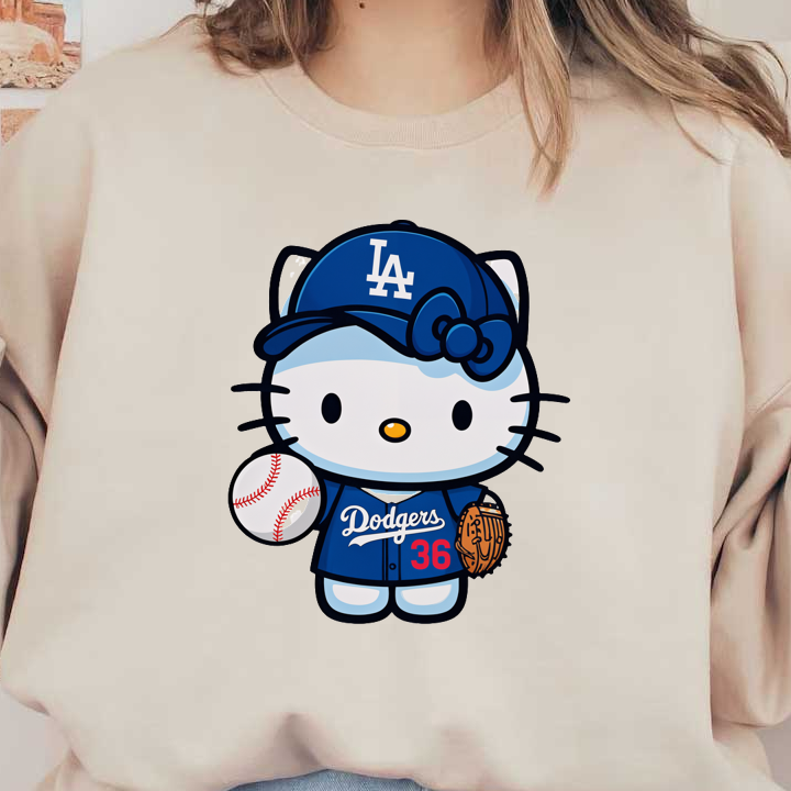 Hello Kitty is dressed in a blue Los Angeles Dodgers uniform, holding a baseball and glove, ready for a fun game!DTF Transfers dtf prints