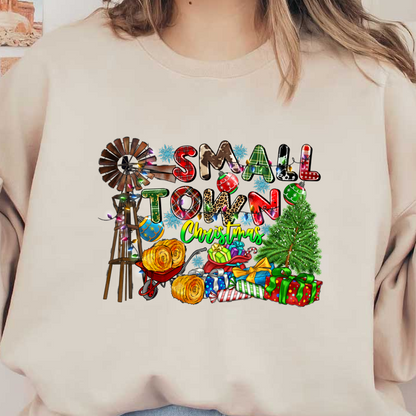 Celebrate a cozy vibe with a festive "Small Town Christmas" featuring a windmill, gifts, and a decorated tree!DTF Transfersdtf regular iron