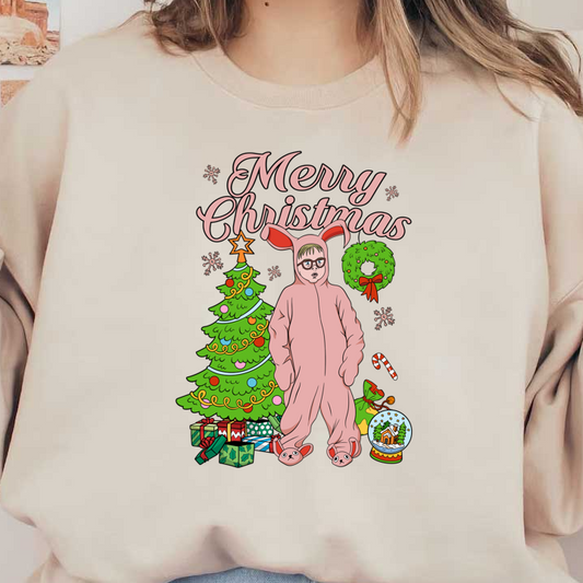 Cozy up in this playful pink bunny onesie amidst a festive Christmas scene, complete with a decorated tree and gifts.DTF Transfersdtf regular iron dtf prints