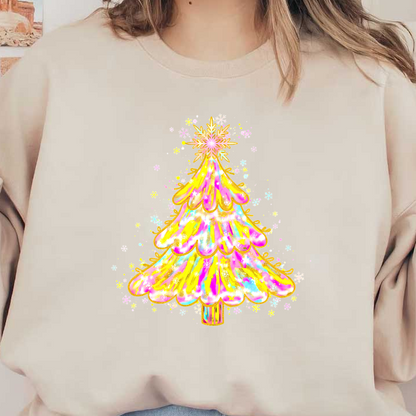A vibrant, colorful illustration of a whimsical Christmas tree with sparkles.DTF Transfers