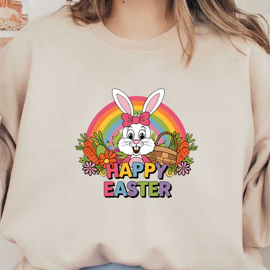 Celebrate Easter with this cheerful cartoon bunny, surrounded by colorful flowers, a basket of carrots, and a vibrant rainbow!DTF Transfers