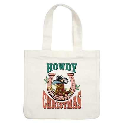 A festive design featuring a cowboy hat and boot within a horseshoe, accented with holly and the text "Howdy Christmas." heat press transfers