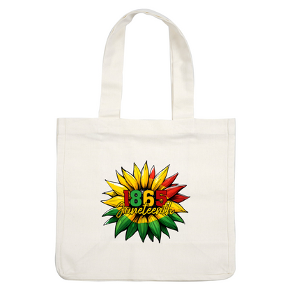 Vibrant Juneteenth design featuring a flower motif, with bold colors and the year "1865" prominently displayed.