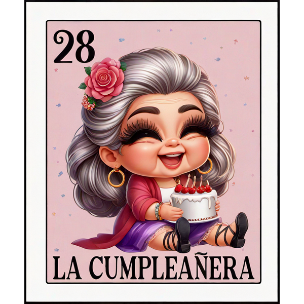 Un alegre personaje de dibujos animados con cabello gris y una flor rosa sostiene un pastel de cumpleaños, celebrando "La Cumpleañera".