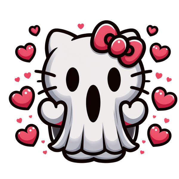 A cute, spooky character combines a skull design with Hello Kitty features, surrounded by colorful hearts for a playful touch.DTF Transfers heat press transfers