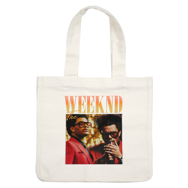 A vibrant graphic featuring The Weeknd in stylish red attire, showcasing his iconic look with sunglasses and a confident pose.DTF Transfers heat press transfers