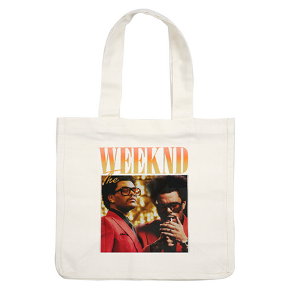 A vibrant graphic featuring The Weeknd in stylish red attire, showcasing his iconic look with sunglasses and a confident pose.DTF Transfers heat press transfers