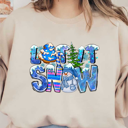 This vibrant winter-themed illustration features playful letters spelling "LET IT SNOW" adorned with snow, a cheerful snowman, and festive trees.DTF Transfersdtf regular iron