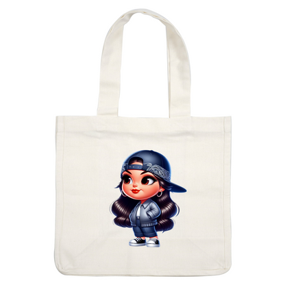 A cute cartoon girl with long wavy hair, wearing a stylish oversized jacket, hat, and casual pants. heat press transfers