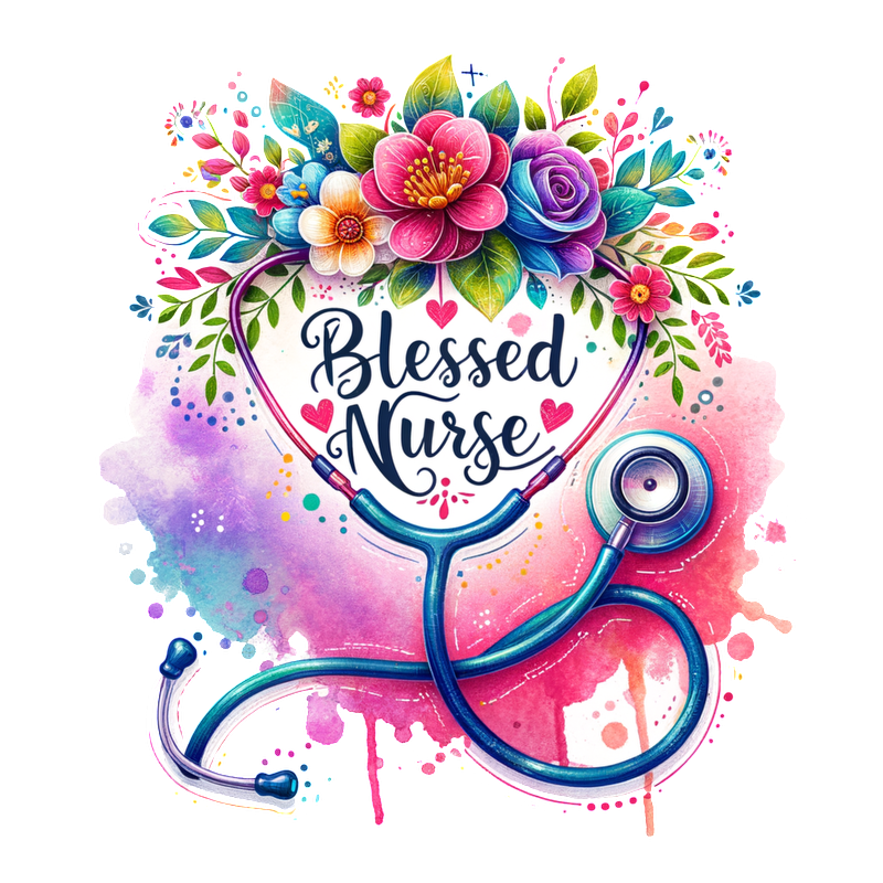 A vibrant and artistic celebration of nursing featuring a stethoscope surrounded by colorful flowers and the phrase "Blessed Nurse."DTF Transfers