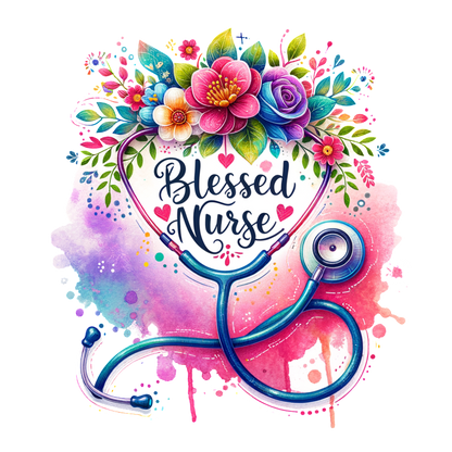 A vibrant and artistic celebration of nursing featuring a stethoscope surrounded by colorful flowers and the phrase "Blessed Nurse."DTF Transfers