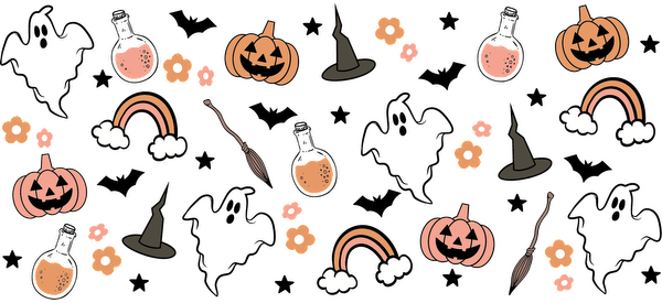 Un patrón caprichoso con temática de Halloween que presenta lindos fantasmas, calabazas, sombreros de brujas, arcoíris y elementos florales en colores suaves. Transferencias UV