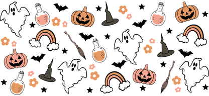 Un patrón caprichoso con temática de Halloween que presenta lindos fantasmas, calabazas, sombreros de brujas, arcoíris y elementos florales en colores suaves. Transferencias UV