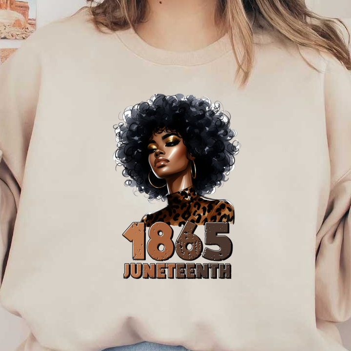 A stylish illustration of a woman with voluminous curly hair, featuring bold makeup and a leopard-print top, celebrating Juneteenth 1865. dtf transfers