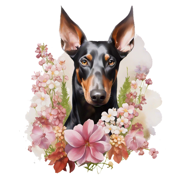 Un llamativo perro negro y fuego rodeado de un hermoso arreglo de flores de colores, mostrando un retrato vibrante y artístico.