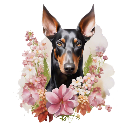 Un llamativo perro negro y fuego rodeado de un hermoso arreglo de flores de colores, mostrando un retrato vibrante y artístico.