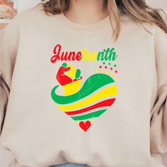 Celebrate Juneteenth with this vibrant design featuring a raised fist, colorful heart, and patriotic colors symbolizing freedom and unity. heat press transfers