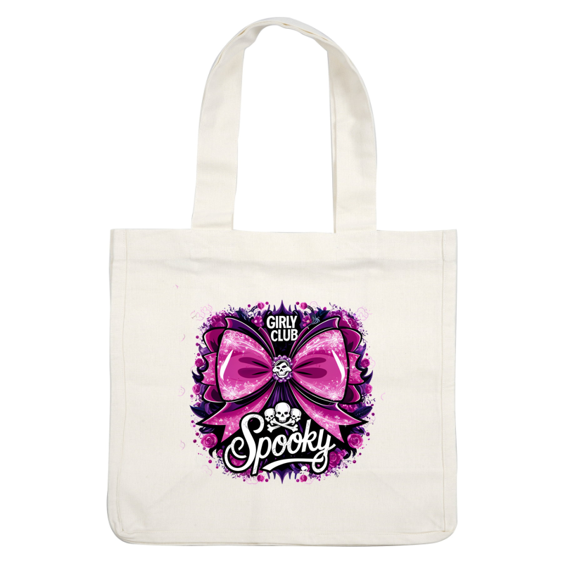 Un gráfico vibrante y espeluznante que presenta un gran lazo rosa, detalles de calaveras y elementos florales con el texto "Girly Club Spooky".