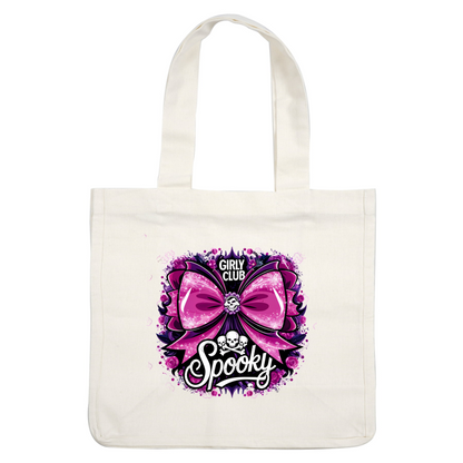 Un gráfico vibrante y espeluznante que presenta un gran lazo rosa, detalles de calaveras y elementos florales con el texto "Girly Club Spooky".