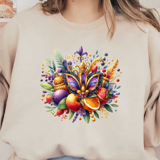 A vibrant, artistic arrangement of various fruits and decorative elements, featuring a colorful butterfly and elegant floral details.DTF Transfers