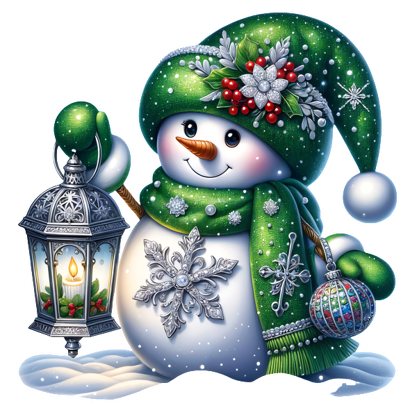 A cheerful snowman in a green hat and scarf holds a lantern and a colorful ornament, spreading festive joy.DTF Transfers dtf prints