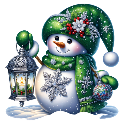 A cheerful snowman in a green hat and scarf holds a lantern and a colorful ornament, spreading festive joy.DTF Transfers dtf prints