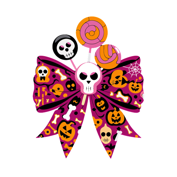 Un lazo vibrante con temática de Halloween que presenta calaveras, dulces y calabazas, perfecto para decoraciones festivas o detalles de disfraces.