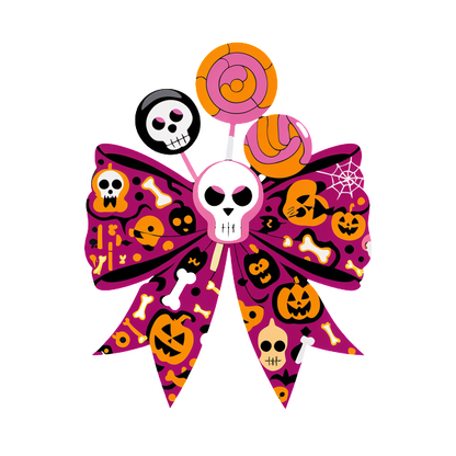 Un lazo vibrante con temática de Halloween que presenta calaveras, dulces y calabazas, perfecto para decoraciones festivas o detalles de disfraces.