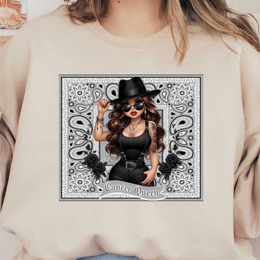 Ilustración elegante de una mujer de moda vestida de negro, con gafas de sol, sombrero y joyas de plata como accesorios, que celebra su onda de "Reina del Cáncer".