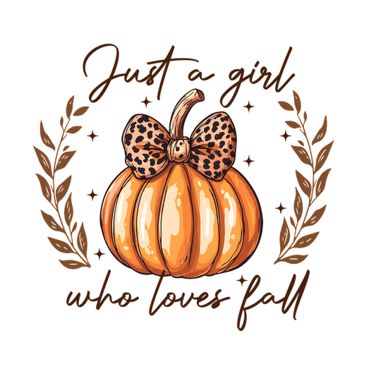 A cheerful illustration of a pumpkin adorned with a leopard print bow, celebrating the love for fall. dtf prints