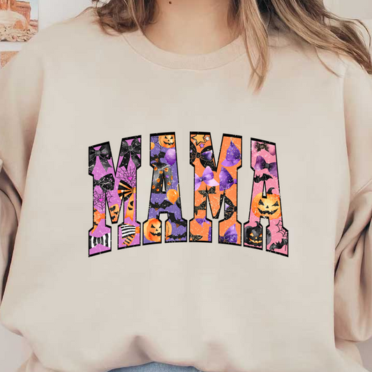 A vibrant "MAMA" graphic featuring Halloween themes with pumpkins, bows, and spooky decorations, perfect for festive celebrations.dtf regular iron