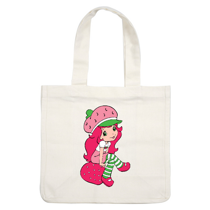 Meet the cheerful Strawberry Shortcake, sporting a strawberry-themed hat, pink hair, and whimsical striped stockings, ready for fun adventures!DTF Transfers