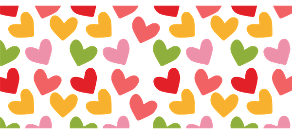 A vibrant pattern of colorful hearts in shades of red, pink, yellow, and green against a black background.UV Transfers dtf transfers