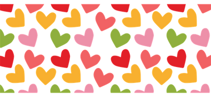 A vibrant pattern of colorful hearts in shades of red, pink, yellow, and green against a black background.UV Transfers dtf transfers