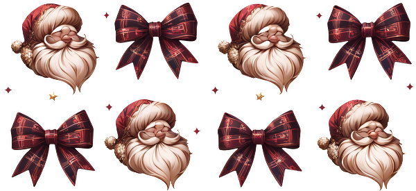 A festive collection of Santa Claus faces and red plaid bows, perfect for holiday-themed designs and decorations.UV Transfers dtf transfers