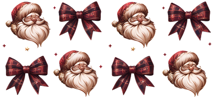 A festive collection of Santa Claus faces and red plaid bows, perfect for holiday-themed designs and decorations.UV Transfers dtf transfers