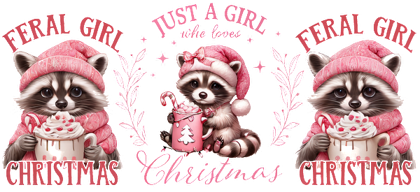 Adorable raccoons in festive pink hats celebrate Christmas with whimsical messages, perfect for holiday cheer and fun!UV Transfersdtf regular iron