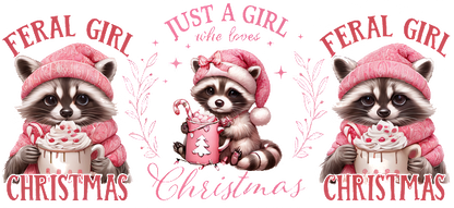 Adorable raccoons in festive pink hats celebrate Christmas with whimsical messages, perfect for holiday cheer and fun!UV Transfersdtf regular iron