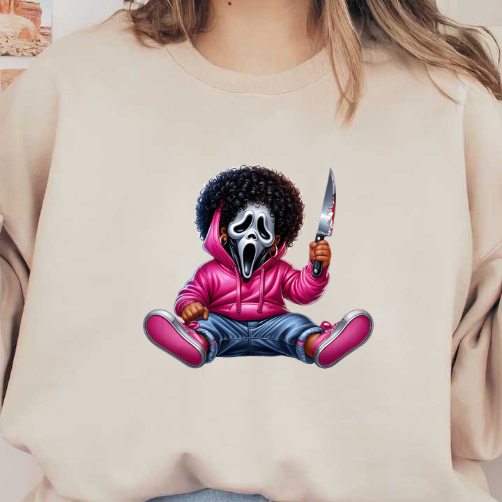 Una figura divertida y caricaturesca con una máscara icónica, que viste una sudadera con capucha rosa y jeans azules y sostiene un cuchillo.