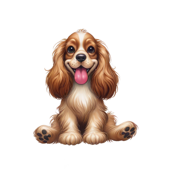 Una encantadora ilustración de un feliz Cocker Spaniel con el divertido lema "El Cocker Spaniel y el vino lo hacen todo bien".