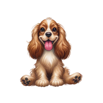 Una encantadora ilustración de un feliz Cocker Spaniel con el divertido lema "El Cocker Spaniel y el vino lo hacen todo bien".